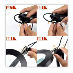 Лампа лупа LN-33-PS65 на пантографе и струбцине черная для толстых столешниц и кушеток до 6,5 см