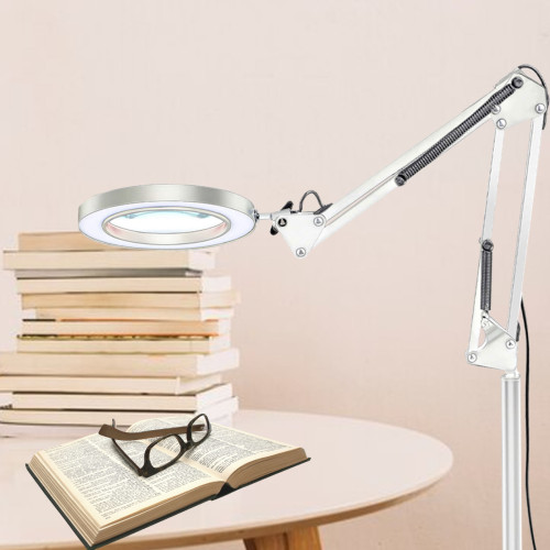 Лампа лупа напольная LN-22W белая на металлической стойке NS-02W с плоским основанием и пантографом, 3 режима света, LED, регулируемая высота