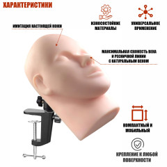 Манекен тренировочный для наращивания ресниц на усиленной настольной струбцине, с регулировкой наклона