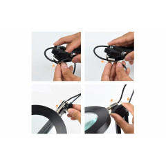 Лампа лупа LED LN-22 чёрная на усиленной настольной струбцине и пантографе, с регулировкой яркости и 3 режимами света