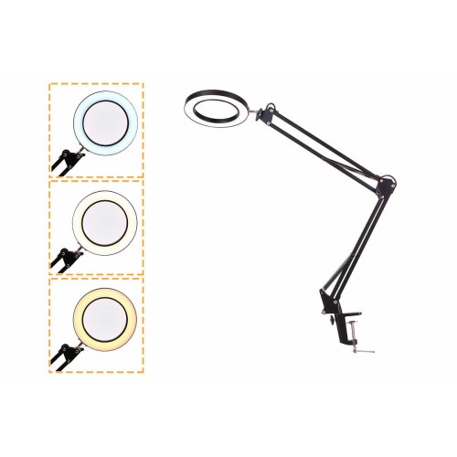 Лампа лупа LED LN-33 чёрная на усиленной настольной струбцине и пантографе, с регулировкой яркости и 3 режимами света